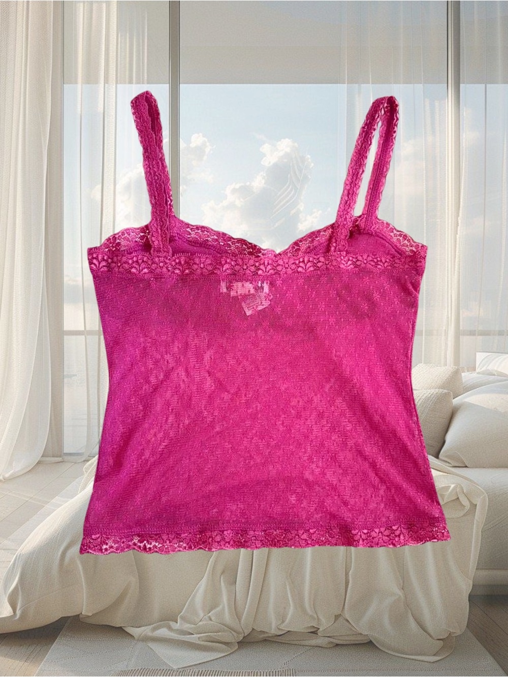 Vintage Y2K Milkmaid Ribbon Babydoll Lace Cami Tank Top Drak Pink See Through - Picture 2 of 4